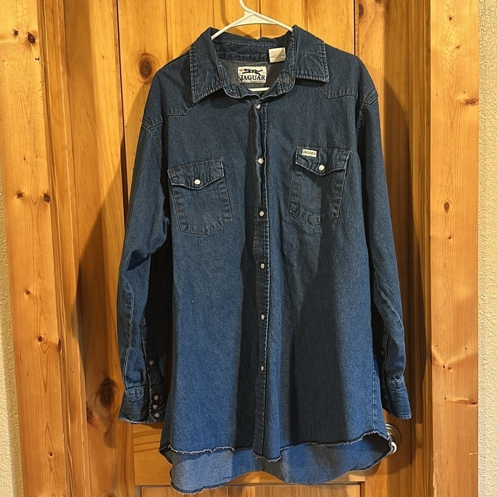 Jaguar Denim Blue Jean Long Sleeve Snap Button Down